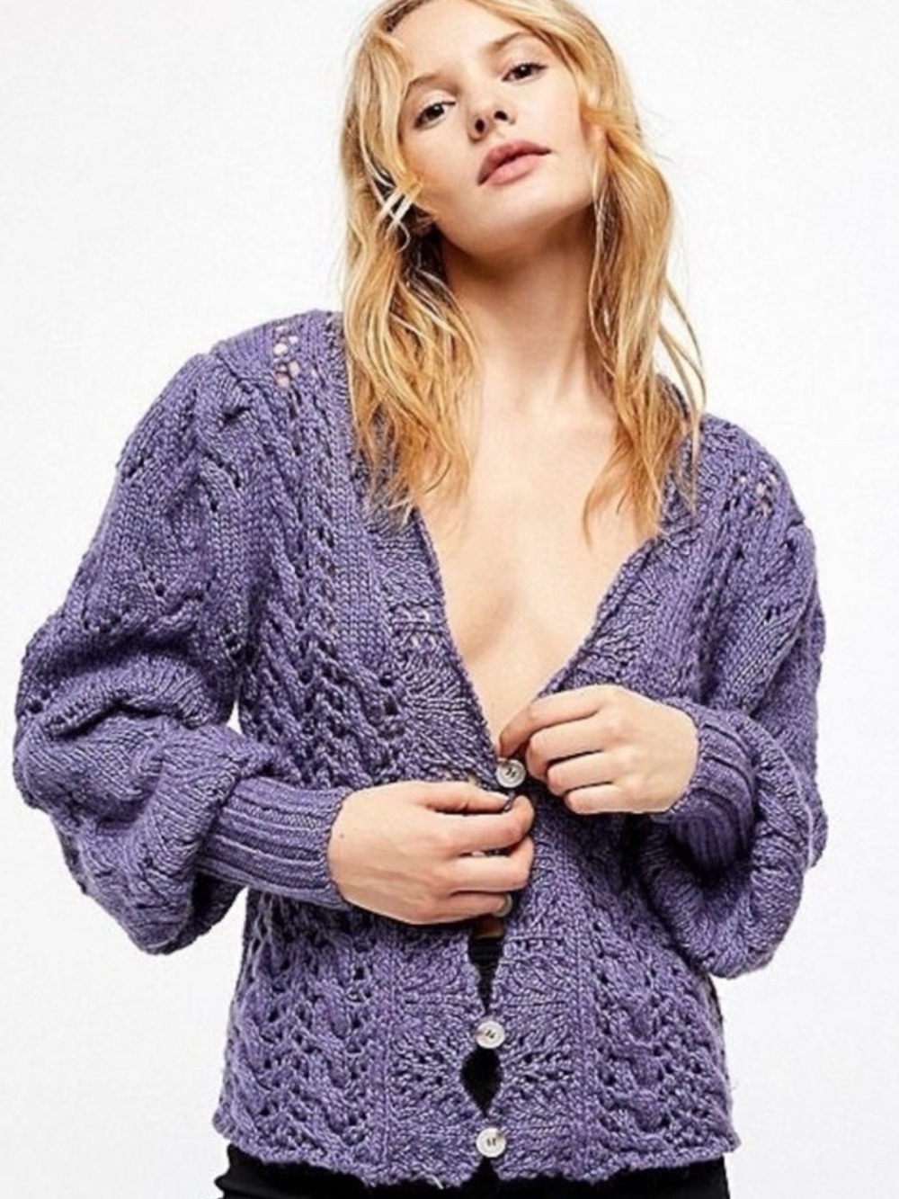 Free People Bali Dreamer Cardi Crochet Sweater Lavender Size XS Dainty V Neck